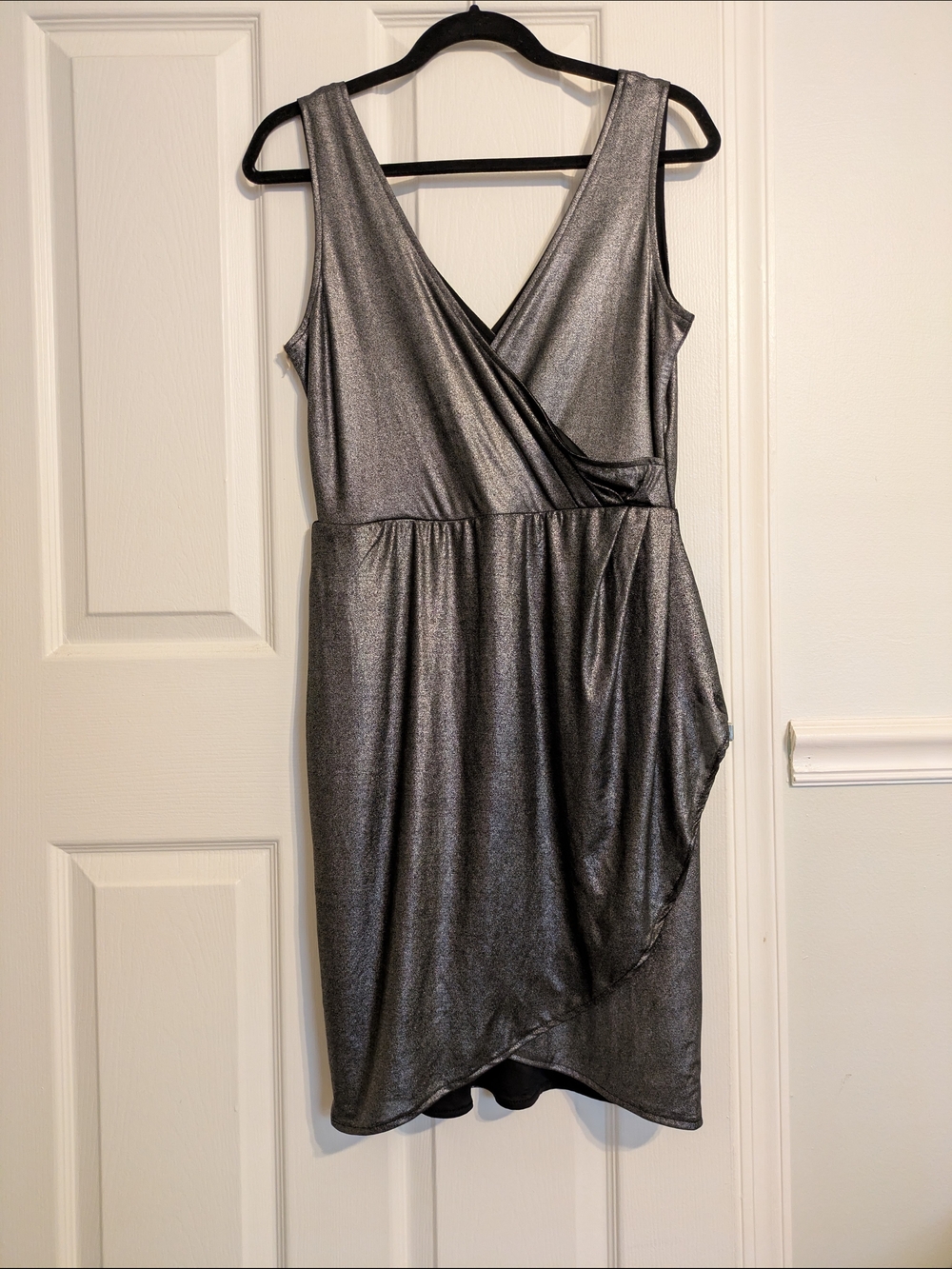Sleeveless Metallic Silver Midi Wrap Dress